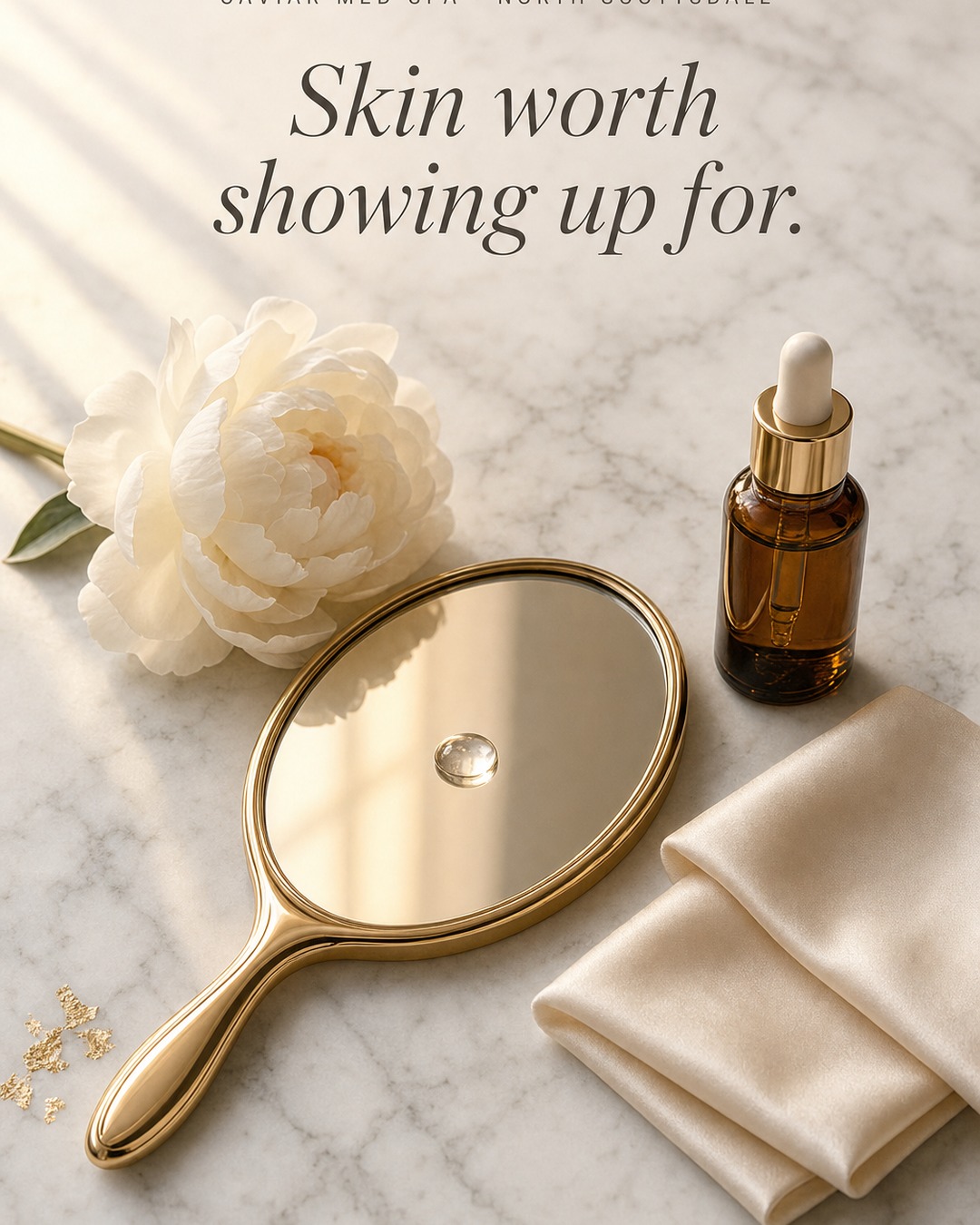 Caviar Med Spa — gold-rim hand mirror with dewy droplet, peony, serum on marble