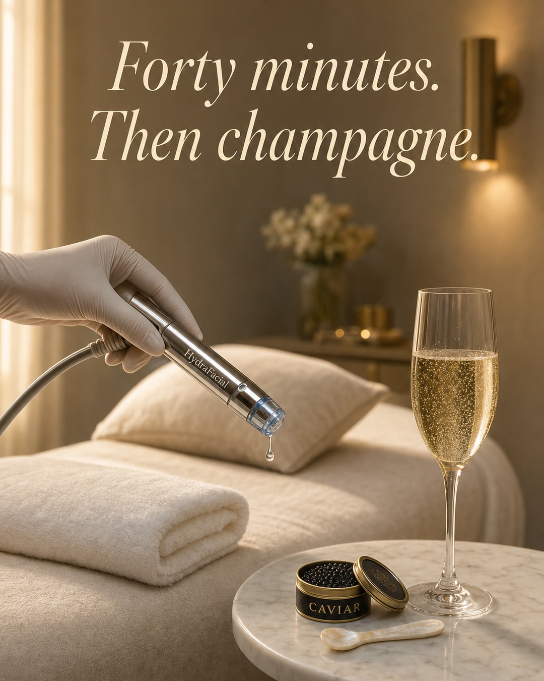 Caviar Med Spa — gloved hand with HydraFacial wand, champagne and caviar on marble side table